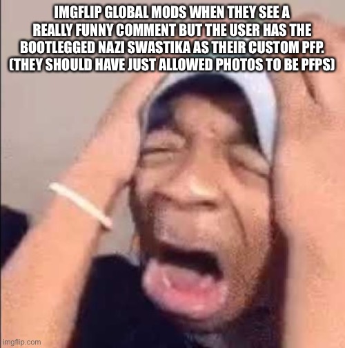 Flightreacts crying | IMGFLIP GLOBAL MODS WHEN THEY SEE A REALLY FUNNY COMMENT BUT THE USER HAS THE BOOTLEGGED NAZI SWASTIKA AS THEIR CUSTOM PFP. (THEY SHOULD HAVE JUST ALLOWED PHOTOS TO BE PFPS) | image tagged in flightreacts crying | made w/ Imgflip meme maker