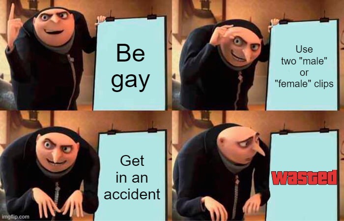 Gru's Plan Meme | Be gay Use two "male" or "female" clips Get in an accident | image tagged in memes,gru's plan | made w/ Imgflip meme maker
