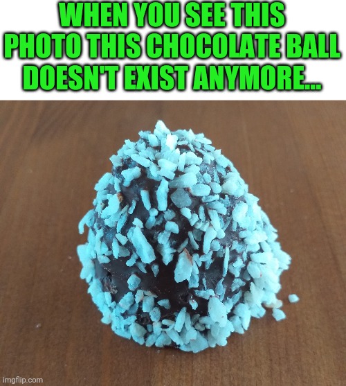 WHEN YOU SEE THIS PHOTO THIS CHOCOLATE BALL DOESN'T EXIST ANYMORE... | image tagged in memes,chocolate,funny | made w/ Imgflip meme maker
