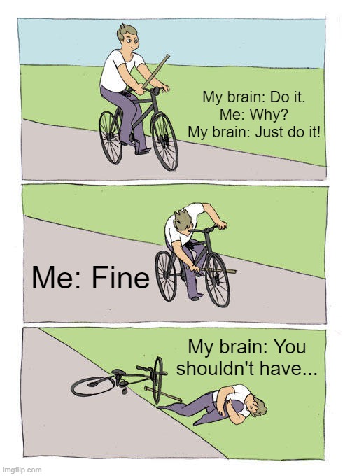 Bike Fall Meme | My brain: Do it.
Me: Why?
My brain: Just do it! Me: Fine; My brain: You shouldn't have... | image tagged in memes,bike fall | made w/ Imgflip meme maker