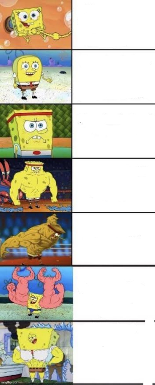 Increasingly Buff Spongebob (7 levels) | image tagged in spongebob,buff spongebob,template | made w/ Imgflip meme maker