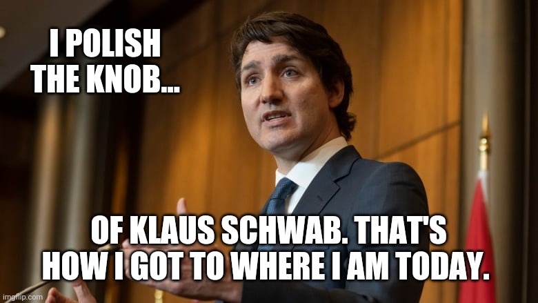 Klaus loves Trudeau. Now you know why. | I POLISH THE KNOB... OF KLAUS SCHWAB. THAT'S HOW I GOT TO WHERE I AM TODAY. | image tagged in memes | made w/ Imgflip meme maker