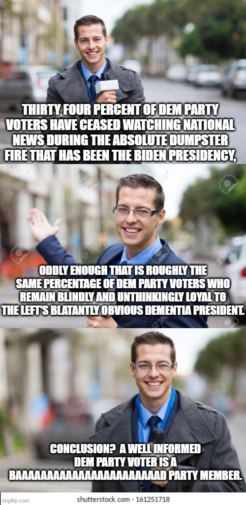 Yep . . . pretty much the same percentage numbers.  Weird, isn't it? | THIRTY FOUR PERCENT OF DEM PARTY VOTERS HAVE CEASED WATCHING NATIONAL NEWS DURING THE ABSOLUTE DUMPSTER FIRE THAT HAS BEEN THE BIDEN PRESIDENCY, ODDLY ENOUGH THAT IS ROUGHLY THE SAME PERCENTAGE OF DEM PARTY VOTERS WHO REMAIN BLINDLY AND UNTHINKINGLY LOYAL TO THE LEFT'S BLATANTLY OBVIOUS DEMENTIA PRESIDENT. CONCLUSION?  A WELL INFORMED DEM PARTY VOTER IS A BAAAAAAAAAAAAAAAAAAAAAAAD PARTY MEMBER. | image tagged in dem party voters | made w/ Imgflip meme maker