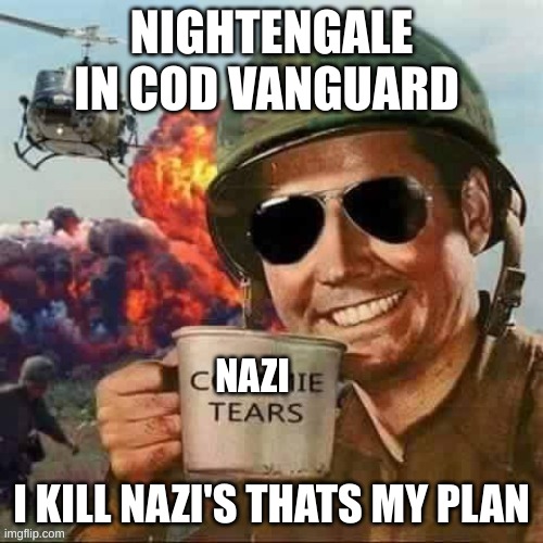 Commie tears | NIGHTENGALE IN COD VANGUARD; NAZI; I KILL NAZI'S THATS MY PLAN | image tagged in commie tears | made w/ Imgflip meme maker