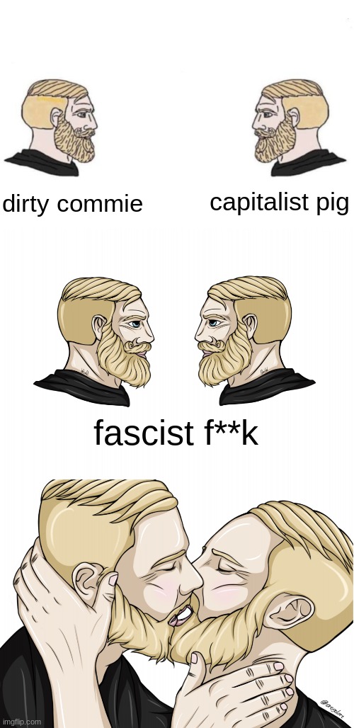 dirty commie capitalist pig fascist f**k | image tagged in double yes chad,yes chad kiss | made w/ Imgflip meme maker