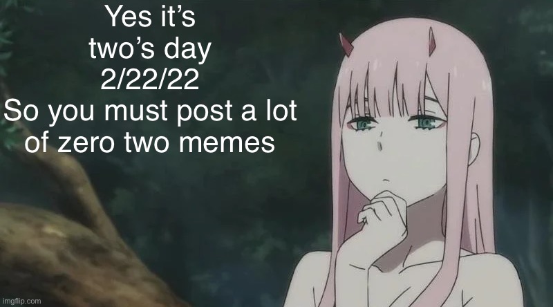Yes it’s two’s day
2/22/22
So you must post a lot of zero two memes | image tagged in anime,zerotwo,twosday | made w/ Imgflip meme maker