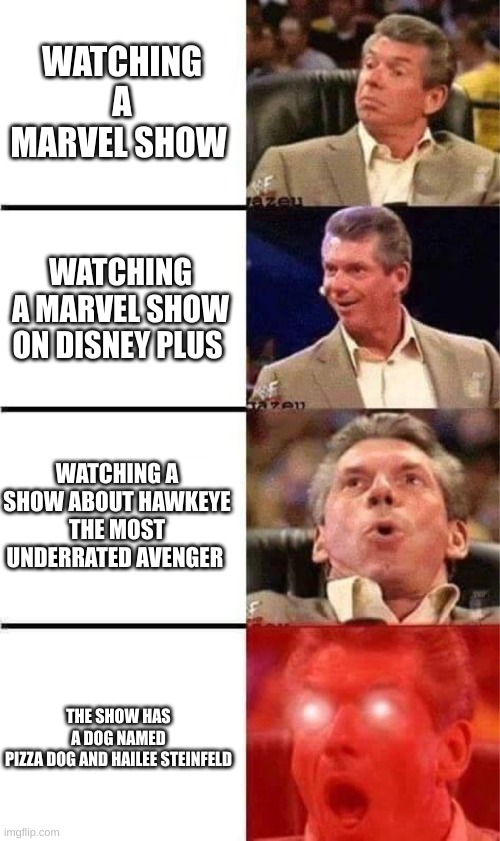 The reason why the Boyz watched the hawkeye | WATCHING A MARVEL SHOW; WATCHING A MARVEL SHOW ON DISNEY PLUS; WATCHING A SHOW ABOUT HAWKEYE THE MOST UNDERRATED AVENGER; THE SHOW HAS A DOG NAMED PIZZA DOG AND HAILEE STEINFELD | image tagged in vince mcmahon reaction w/glowing eyes | made w/ Imgflip meme maker