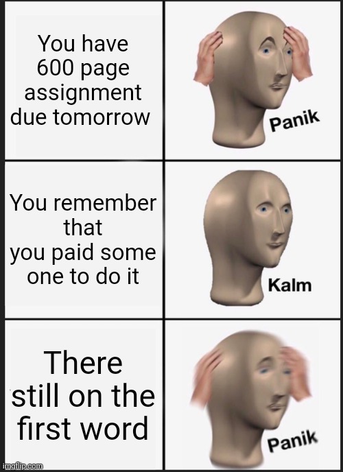 Assignment | You have 600 page assignment due tomorrow; You remember that you paid some one to do it; There still on the first word | image tagged in memes,panik kalm panik | made w/ Imgflip meme maker