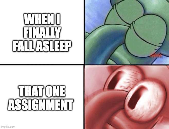 school | WHEN I FINALLY FALL ASLEEP; THAT ONE ASSIGNMENT | image tagged in sleeping squidward | made w/ Imgflip meme maker