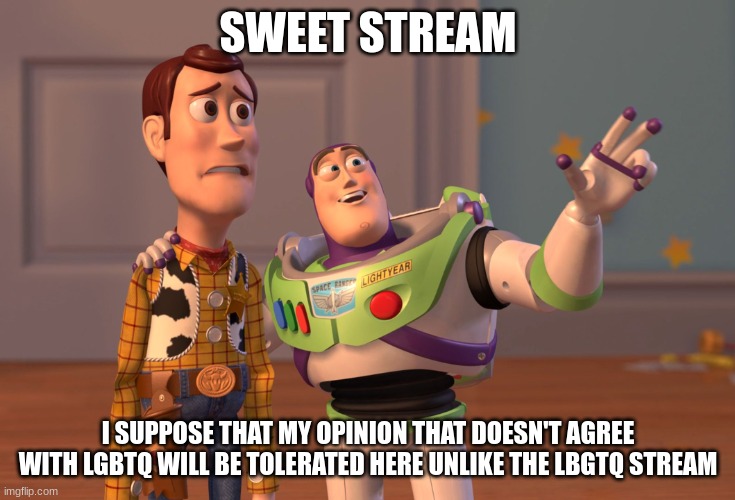 X, X Everywhere Meme | SWEET STREAM; I SUPPOSE THAT MY OPINION THAT DOESN'T AGREE WITH LGBTQ WILL BE TOLERATED HERE UNLIKE THE LBGTQ STREAM | image tagged in memes,x x everywhere | made w/ Imgflip meme maker