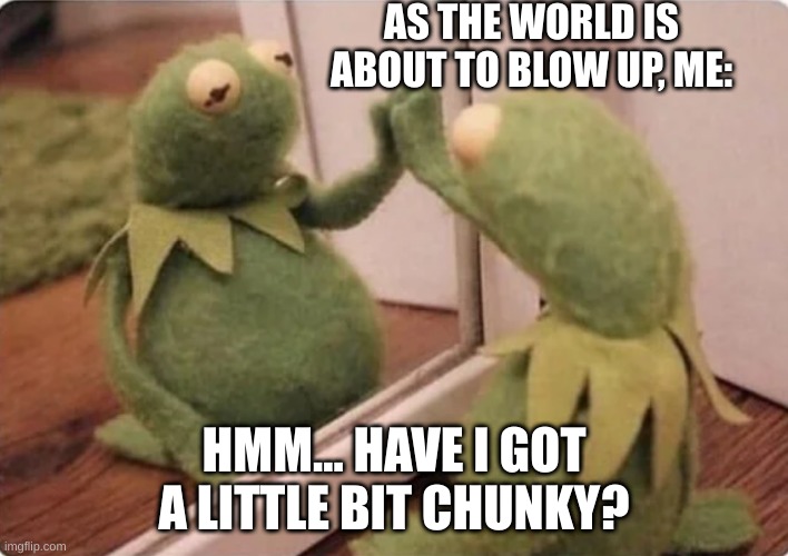Kermit at the end of the world | AS THE WORLD IS ABOUT TO BLOW UP, ME:; HMM... HAVE I GOT A LITTLE BIT CHUNKY? | image tagged in memes,meme,fun,funny,kermit,kermit the frog | made w/ Imgflip meme maker