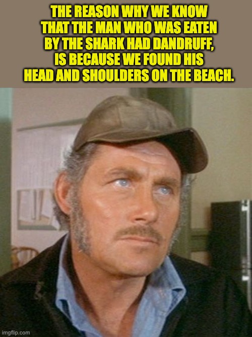 dandruff | THE REASON WHY WE KNOW THAT THE MAN WHO WAS EATEN BY THE SHARK HAD DANDRUFF, IS BECAUSE WE FOUND HIS HEAD AND SHOULDERS ON THE BEACH. | image tagged in robert shaw in jaws | made w/ Imgflip meme maker