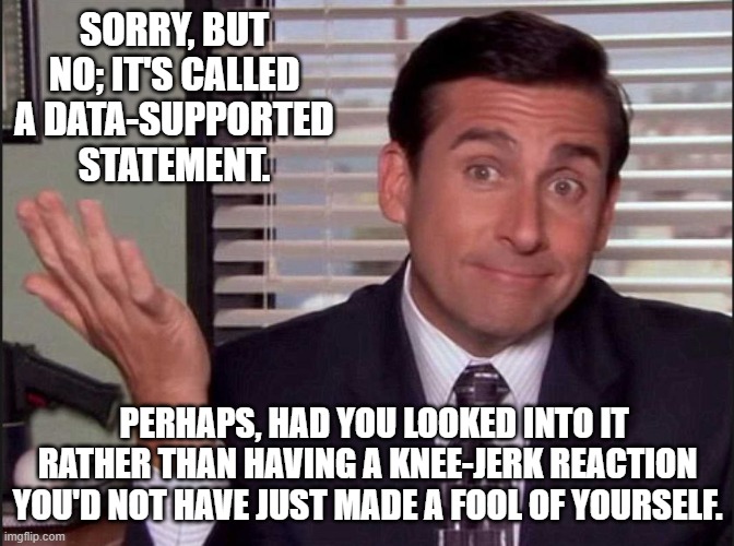 Michael Scott | SORRY, BUT NO; IT'S CALLED A DATA-SUPPORTED STATEMENT. PERHAPS, HAD YOU LOOKED INTO IT RATHER THAN HAVING A KNEE-JERK REACTION YOU'D NOT HAV | image tagged in michael scott | made w/ Imgflip meme maker