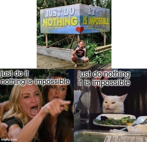 funny sign |  just do it nothing is impossible; just do nothing it is impossible | image tagged in memes,woman yelling at cat,funny memes,funny signs,impossible,nothing | made w/ Imgflip meme maker