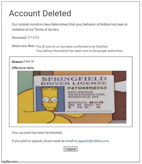 Roblox ban me for using a \u0026quot;FAKE ID\u0026quot; - Imgflip
