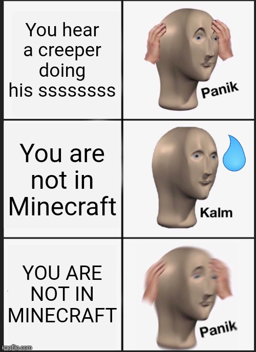 Panik Kalm Panik | You hear a creeper doing his ssssssss; You are not in Minecraft; YOU ARE NOT IN MINECRAFT | image tagged in memes,panik kalm panik | made w/ Imgflip meme maker