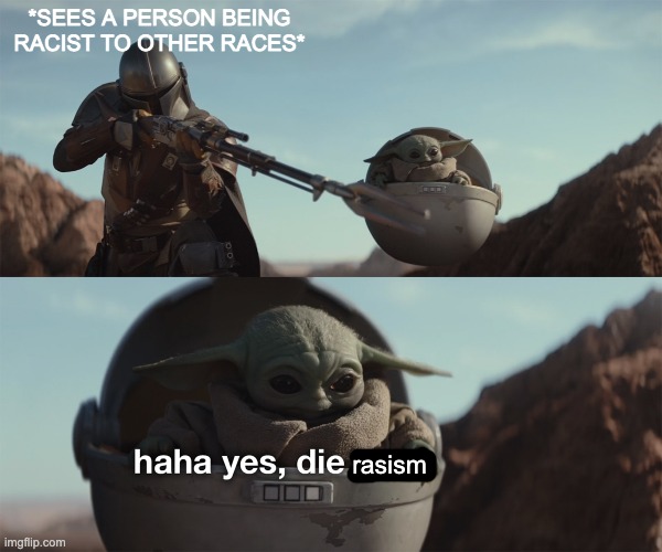 baby yoda die trash | rasism *SEES A PERSON BEING RACIST TO OTHER RACES* | image tagged in baby yoda die trash | made w/ Imgflip meme maker