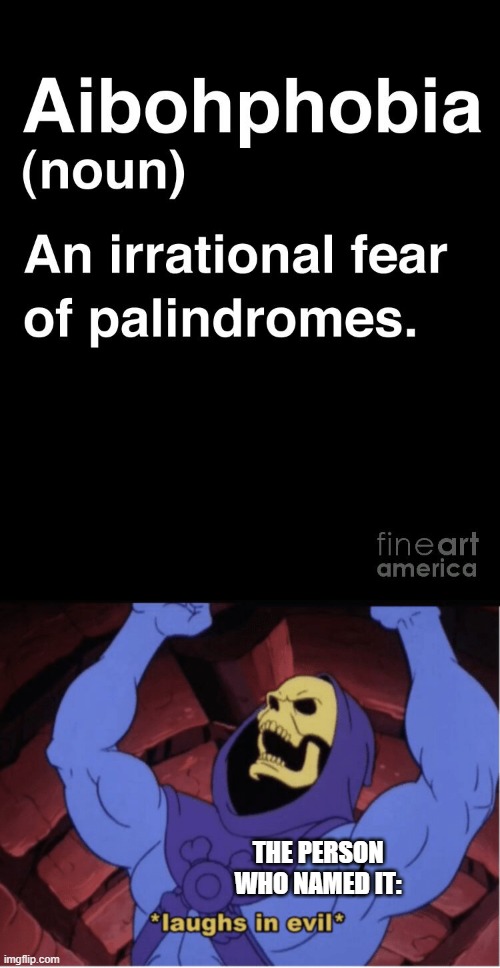 Aibohphobia is a palindrome. | THE PERSON WHO NAMED IT: | image tagged in laughs in evil | made w/ Imgflip meme maker