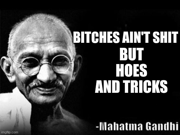 Gandhi |  BUT HOES AND TRICKS; BITCHES AIN'T SHIT | image tagged in mahatma gandhi rocks | made w/ Imgflip meme maker