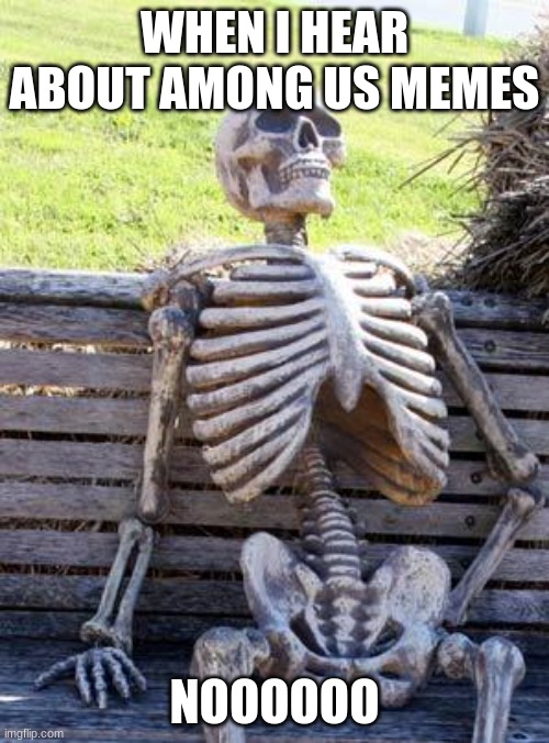 Waiting Skeleton Meme | WHEN I HEAR ABOUT AMONG US MEMES; NOOOOOO | image tagged in memes,waiting skeleton | made w/ Imgflip meme maker