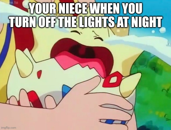 Basically togepi | YOUR NIECE WHEN YOU TURN OFF THE LIGHTS AT NIGHT | image tagged in togepi crying | made w/ Imgflip meme maker