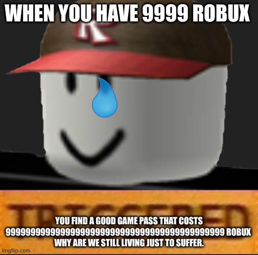 Roblox Triggered |  WHEN YOU HAVE 9999 ROBUX; YOU FIND A GOOD GAME PASS THAT COSTS 99999999999999999999999999999999999999999999 ROBUX 
WHY ARE WE STILL LIVING JUST TO SUFFER. | image tagged in roblox triggered | made w/ Imgflip meme maker