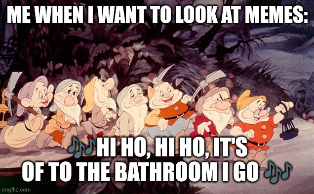 Hi ho | ME WHEN I WANT TO LOOK AT MEMES:; 🎶HI HO, HI HO, IT'S OF TO THE BATHROOM I GO 🎶 | image tagged in hi ho | made w/ Imgflip meme maker