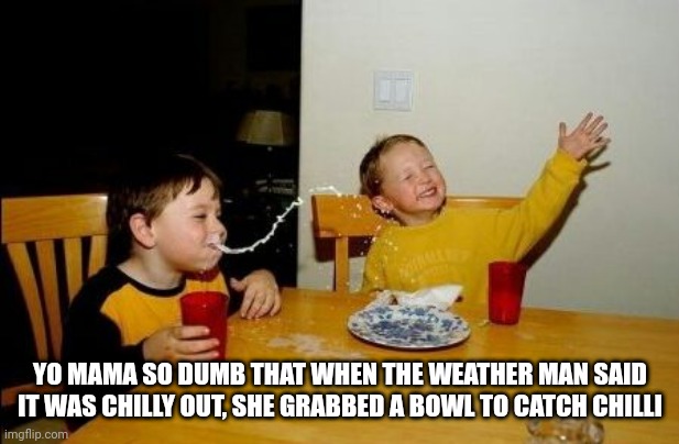 Yo mama so | YO MAMA SO DUMB THAT WHEN THE WEATHER MAN SAID IT WAS CHILLY OUT, SHE GRABBED A BOWL TO CATCH CHILLI | image tagged in yo mama so | made w/ Imgflip meme maker