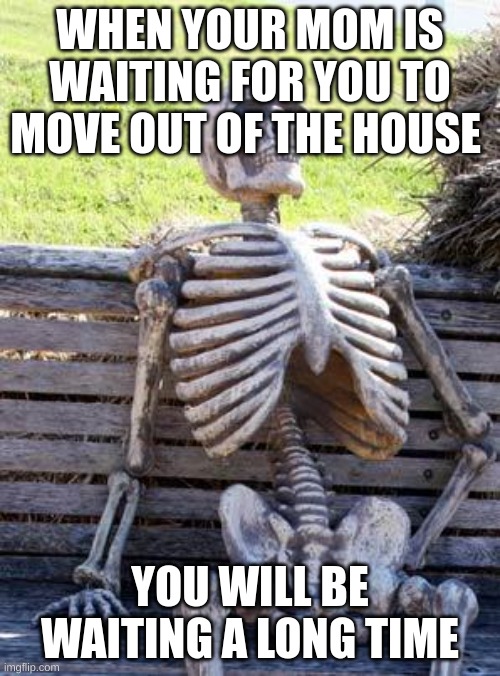 I am sorry ma | WHEN YOUR MOM IS WAITING FOR YOU TO MOVE OUT OF THE HOUSE; YOU WILL BE WAITING A LONG TIME | image tagged in memes,waiting skeleton | made w/ Imgflip meme maker