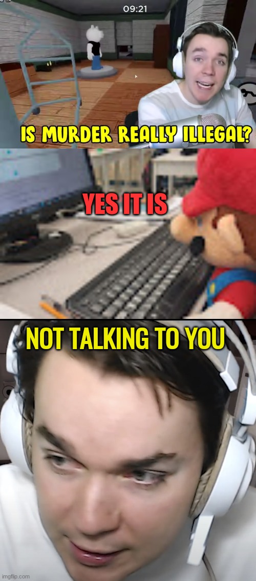 mario quiet | YES IT IS; NOT TALKING TO YOU | image tagged in devoun is murder really illegal,mario on computer,devoun eyebrow raise | made w/ Imgflip meme maker