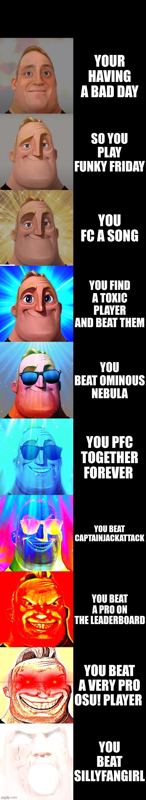 funky friday mr incredible becoming canny | YOUR HAVING A BAD DAY; SO YOU PLAY FUNKY FRIDAY; YOU FC A SONG; YOU FIND A TOXIC PLAYER AND BEAT THEM; YOU BEAT OMINOUS NEBULA; YOU PFC TOGETHER FOREVER; YOU BEAT CAPTAINJACKATTACK; YOU BEAT A PRO ON THE LEADERBOARD; YOU BEAT A VERY PRO OSU! PLAYER; YOU BEAT SILLYFANGIRL | image tagged in mr incredible becoming canny | made w/ Imgflip meme maker