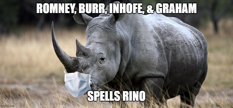 We got hosed by four Rinos | ROMNEY, BURR, INHOFE, & GRAHAM; SPELLS RINO | image tagged in rhino,rino,vaccine,senate | made w/ Imgflip meme maker