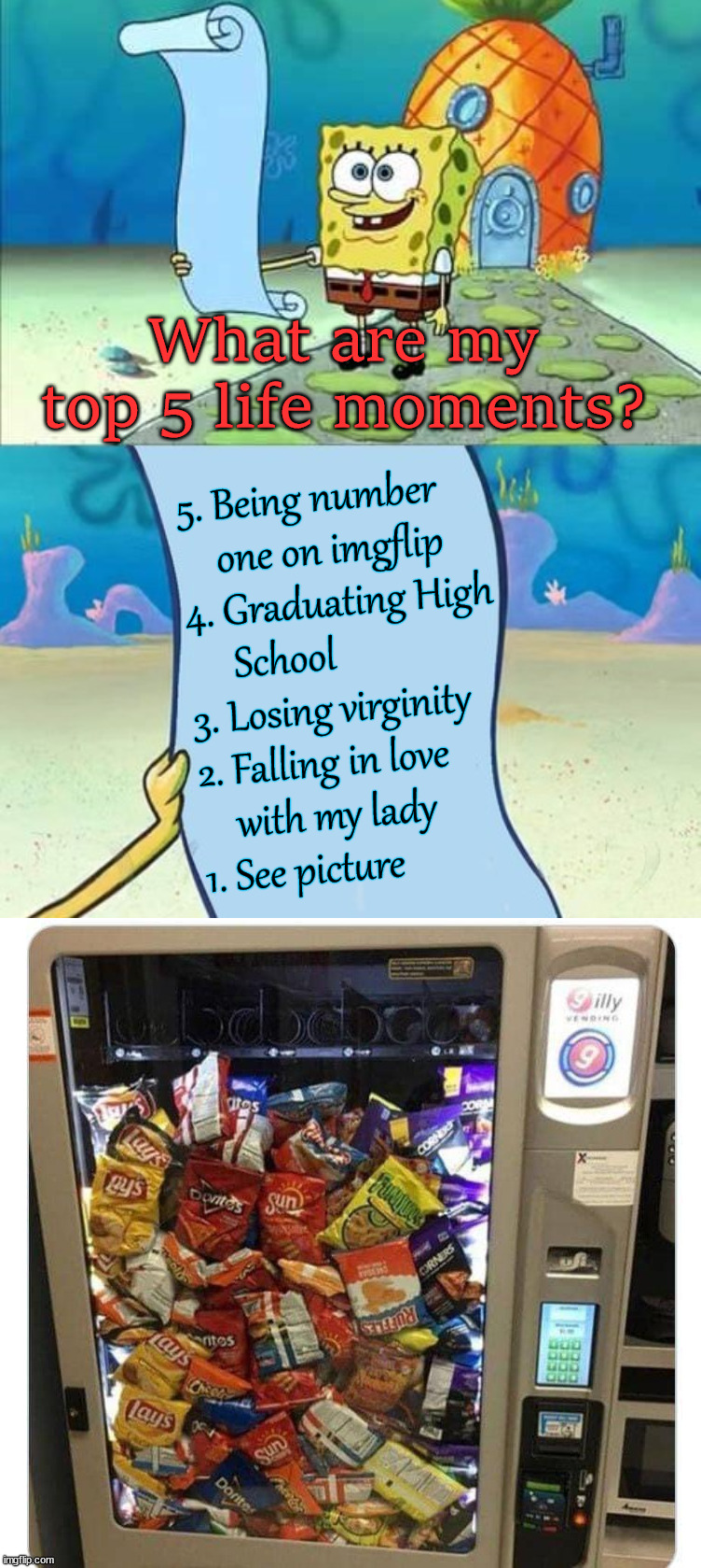 My top 5 list | What are my top 5 life moments? 5. Being number 
    one on imgflip
4. Graduating High 
     School
3. Losing virginity
2. Falling in love 
    with my lady
1. See picture | image tagged in spongebob's list of,to do list | made w/ Imgflip meme maker