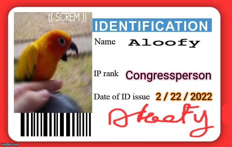 Birbs nu ID cerd | Congressperson; 2 / 22 / 2022 | image tagged in dmv id card,birbs likes crumbs,for president | made w/ Imgflip meme maker