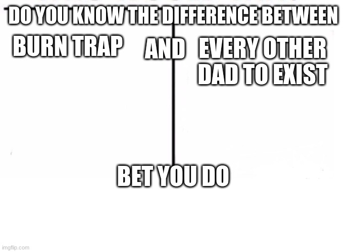 bt he always comes back | DO YOU KNOW THE DIFFERENCE BETWEEN; AND; BURN TRAP; EVERY OTHER DAD TO EXIST; BET YOU DO | image tagged in comparison table | made w/ Imgflip meme maker