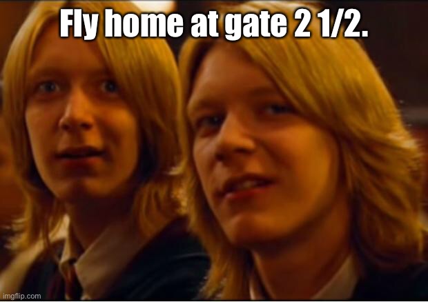 Weasley twins | Fly home at gate 2 1/2. | image tagged in weasley twins | made w/ Imgflip meme maker