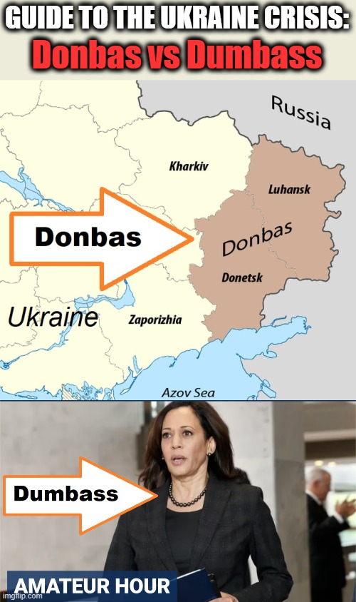 Know your dumbass | GUIDE TO THE UKRAINE CRISIS:; Donbas vs Dumbass | image tagged in memes,kamala harris,ukraine,russia,donbas,dumbass | made w/ Imgflip meme maker