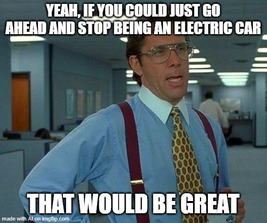 Hmm yes I will stop being an electric car | YEAH, IF YOU COULD JUST GO AHEAD AND STOP BEING AN ELECTRIC CAR; THAT WOULD BE GREAT | image tagged in memes,that would be great | made w/ Imgflip meme maker