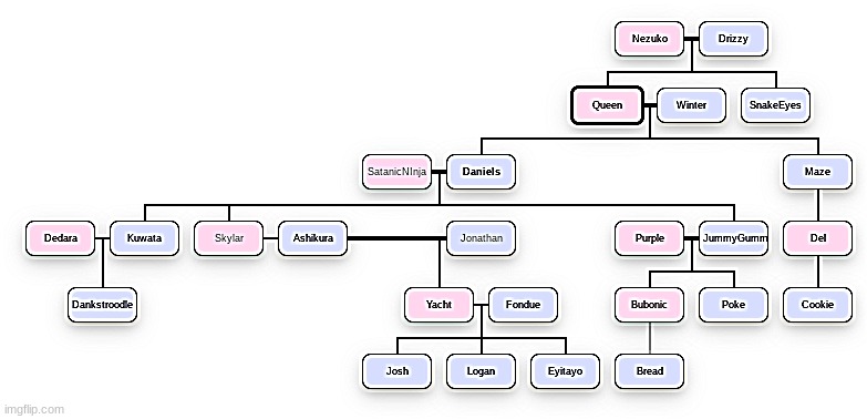 my current family tree. the names that re lighter are deleted users | made w/ Imgflip meme maker