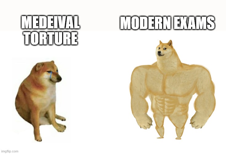 I dispense Wisdom | MODERN EXAMS; MEDEIVAL TORTURE | image tagged in swole doge vs cheems flipped | made w/ Imgflip meme maker