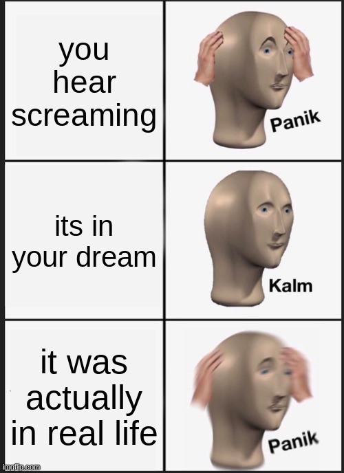 Panik Kalm Panik | you hear screaming; its in your dream; it was actually in real life | image tagged in memes,panik kalm panik | made w/ Imgflip meme maker