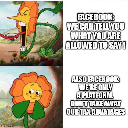 Cuphead Flower | FACEBOOK:
WE CAN TELL YOU WHAT YOU ARE ALLOWED TO SAY ! ALSO FACEBOOK:
WE'RE ONLY A PLATFORM.  DON'T TAKE AWAY OUR TAX ADVATAGES | image tagged in cuphead flower | made w/ Imgflip meme maker