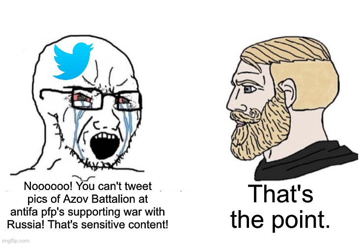 But Putin is the real Hitler! | That's the point. Noooooo! You can't tweet pics of Azov Battalion at antifa pfp's supporting war with Russia! That's sensitive content! | image tagged in soyboy vs yes chad | made w/ Imgflip meme maker