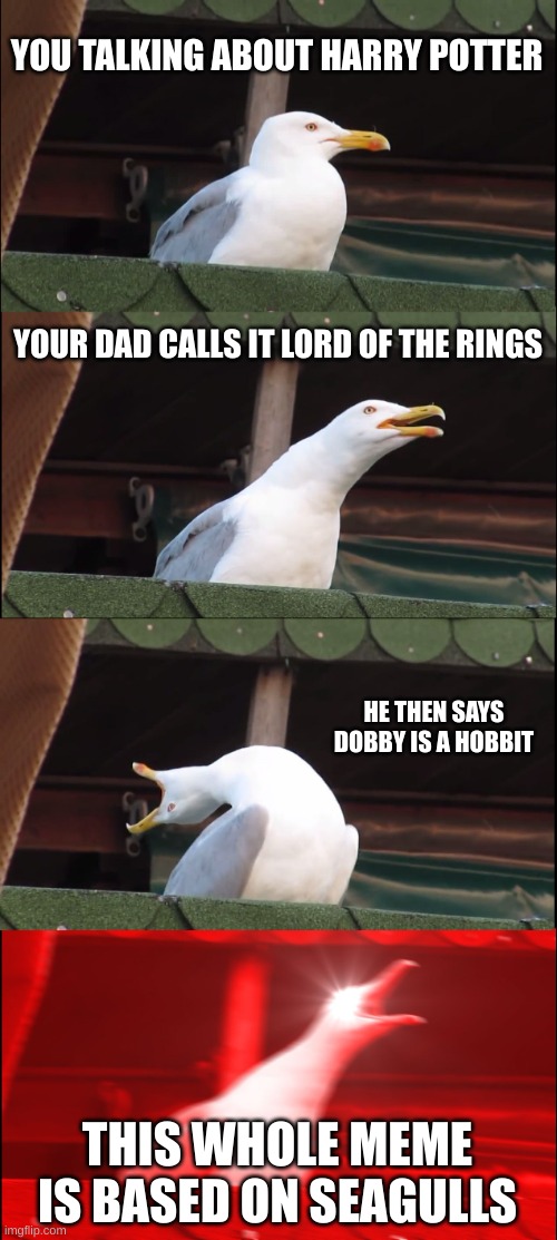 Inhaling Seagull | YOU TALKING ABOUT HARRY POTTER; YOUR DAD CALLS IT LORD OF THE RINGS; HE THEN SAYS DOBBY IS A HOBBIT; THIS WHOLE MEME IS BASED ON SEAGULLS | image tagged in memes,inhaling seagull | made w/ Imgflip meme maker