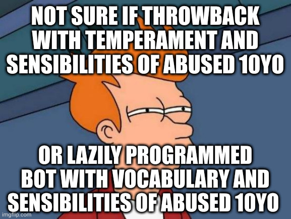 *sizes up mod* Yep, still a small fry | NOT SURE IF THROWBACK WITH TEMPERAMENT AND SENSIBILITIES OF ABUSED 10YO; OR LAZILY PROGRAMMED BOT WITH VOCABULARY AND SENSIBILITIES OF ABUSED 10YO | image tagged in memes,futurama fry | made w/ Imgflip meme maker