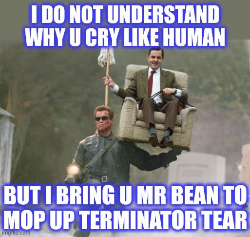 Arnold Schwarzenegger Mr. Bean | I DO NOT UNDERSTAND WHY U CRY LIKE HUMAN BUT I BRING U MR BEAN TO
MOP UP TERMINATOR TEAR | image tagged in arnold schwarzenegger mr bean | made w/ Imgflip meme maker