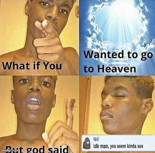 idk man u seem kinda sus | image tagged in what if you wanted to go to heaven,among us,sus,god | made w/ Imgflip meme maker