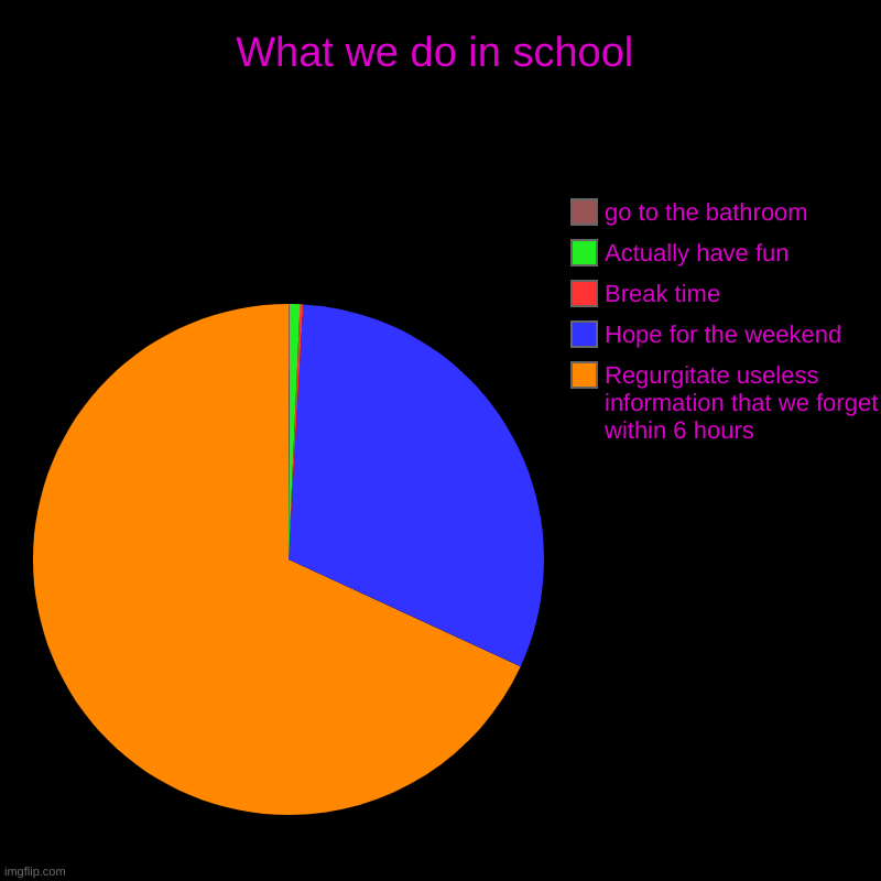 Is this relatable? | What we do in school | Regurgitate useless information that we forget within 6 hours, Hope for the weekend, Break time, Actually have fun, g | image tagged in charts,pie charts | made w/ Imgflip chart maker