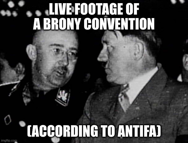 Grammar Nazis Himmler and Hitler | LIVE FOOTAGE OF A BRONY CONVENTION (ACCORDING TO ANTIFA) | image tagged in grammar nazis himmler and hitler | made w/ Imgflip meme maker