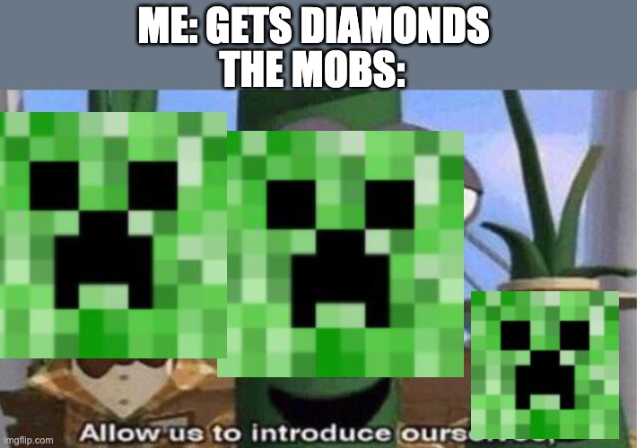 Minecraft be like | THE MOBS:; ME: GETS DIAMONDS | image tagged in veggietales 'allow us to introduce ourselfs',memes,funny,unfunny,minecraft | made w/ Imgflip meme maker